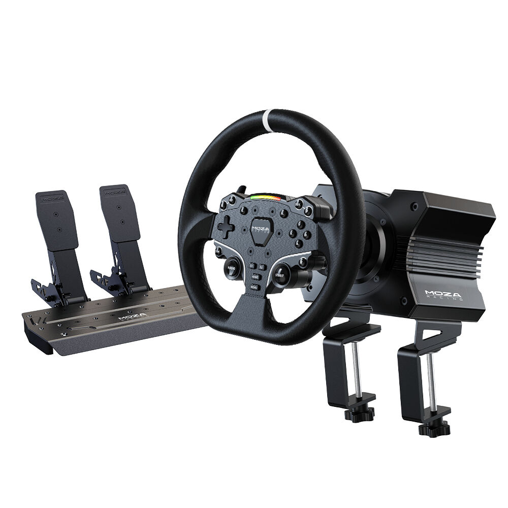 Conjunto MOZA Racing R5 ( Base Volante Direct Drive R5 + Volante ES + Pedais SR-P Lite + Suporte de Mesa R5)