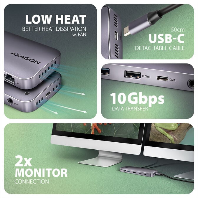 Multiport-Hub AXAGON HMC-12GM2 USB-C 3.2 Gen 2 hub w. M.2 SATA/NVMe + HDMI + DP + 3x USB-A + USB-C + RJ-45 + SD/mSD + audio + PD 100W image number 2