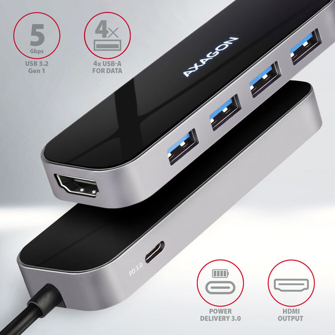 HUB USB-C AXAGON HMC-6H4A 4x USB-A + HDMI, USB-C 3.2 Gen 1 hub, PD 100W image number 1