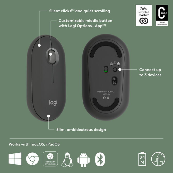 Rato Logitech Pebble 2 M350s 4000DPI Wireless/Bluetooth Grafite image number 6