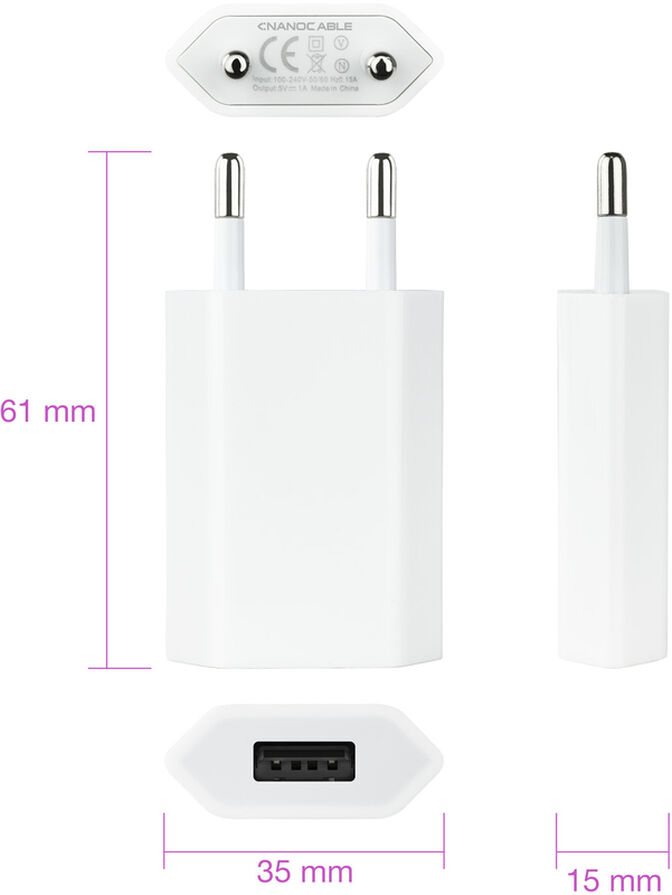 Mini Carregador Nanocable USB 5V/1A Branco image number 2