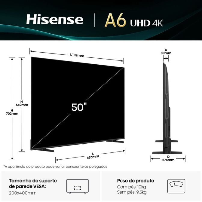 Televis&atilde;o Hisense 50A6Q 50" LED UltraHD 4K VIDAA image number 1