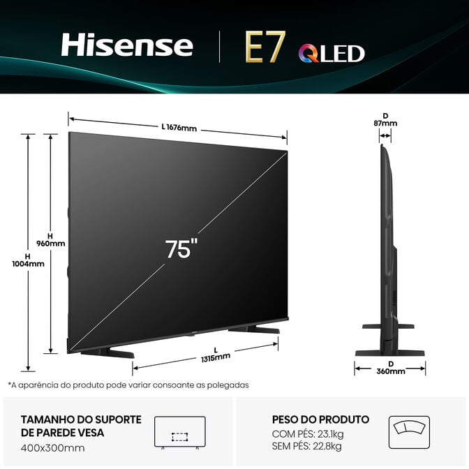 Televis&atilde;o Hisense 75E7Q 75" QLED UltraHD 4K VIDAA image number 1