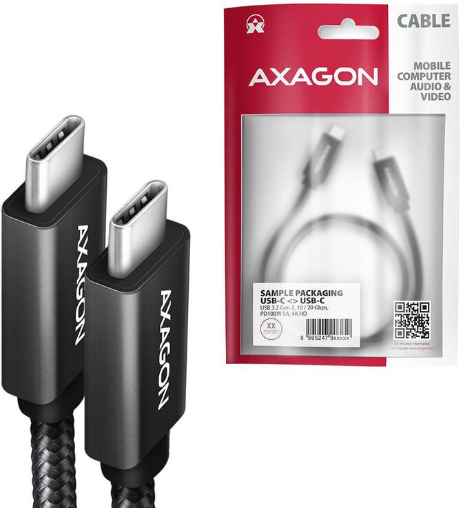 Cabo de carregamento AXAGON BUCM32-CM05AB USB-C  <-> USB-C 3.2 Gen 2, 0.5m, PD 100W, 5A, 4K HD, ALU, braid, Preto image number 7