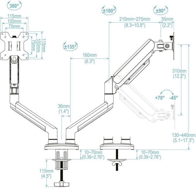 Suporte de Mesa Tooq Duplo Tilt e Girat&oacute;rio 13" a 34" Max. 10kg/Monitor Preto image number 6