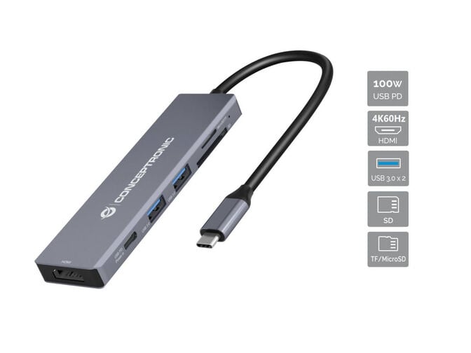 HUB USB Conceptronic 6-in-1 USB-C 3.2 > 2x USB-A 3.0 + HDMI + USB-C (PD100W) + Lt.Cart&otilde;es image number 1
