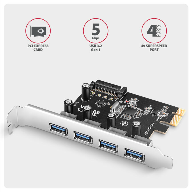 Adaptador PCIe AXAGON PCEU-43RSA - 4x USB 5Gbps port, SATA power image number 1
