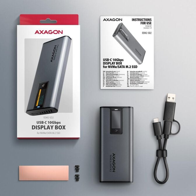 Caixa Externa AXAGON EEM2-SD2 para M.2/SSD C/ Display USB-C 3.2 Gen2 - Silver image number 9