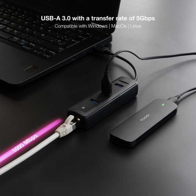 Hub Conversor USB3.0 A Ethernet 3xUSB3.0 USB-A/M-RJ45/ image number 3