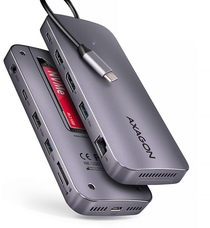 Multiport-Hub AXAGON HMC-12GM2 USB-C 3.2 Gen 2 hub w. M.2 SATA/NVMe + HDMI + DP + 3x USB-A + USB-C + RJ-45 + SD/mSD + audio + PD 100W image number 0