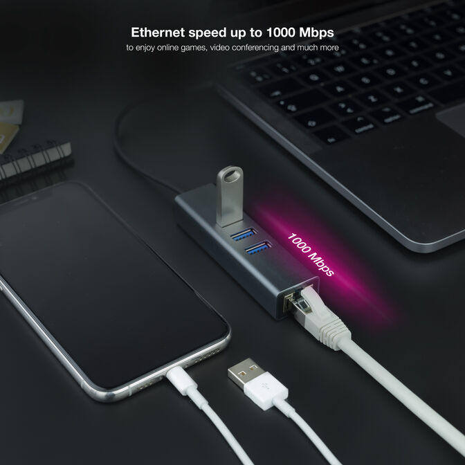 Adaptador Gigabit Nanocable USB-C 3.0/USB-A/M + 3xUSB-A 3.0 a Ethernet 2.5G 10/100/1000 Mbps 15 CM Cinza image number 2