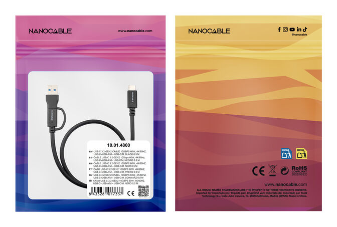 Cabo USB 3.2 Gen2x2 Nanocable 60W 4K/60Hz USB-C+USB-A/M / USB-C/M 2 M image number 2