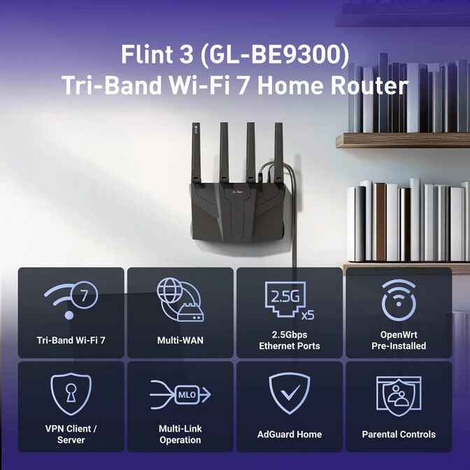 Router GL.iNet GL-BE9300 Flint 3 Wireless Wi-Fi 7 Tri Band image number 3