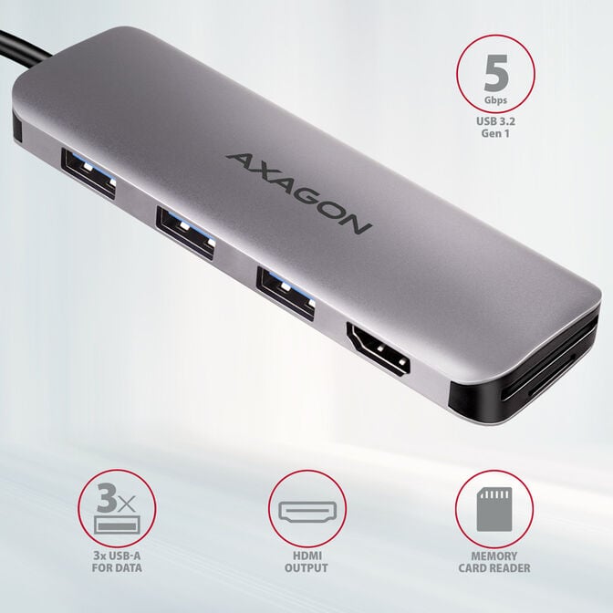 HUB USB-C AXAGON HMC-HCR3A 3x USB-A + HDMI + SD/microSD, USB-C 3.2 Gen image number 1