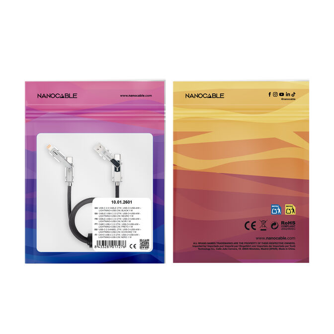 Cabo USB 2.0 27W c/ LED Nanocable USB-C/USB-A/M > Lightning/USB-C/M 1 M image number 3
