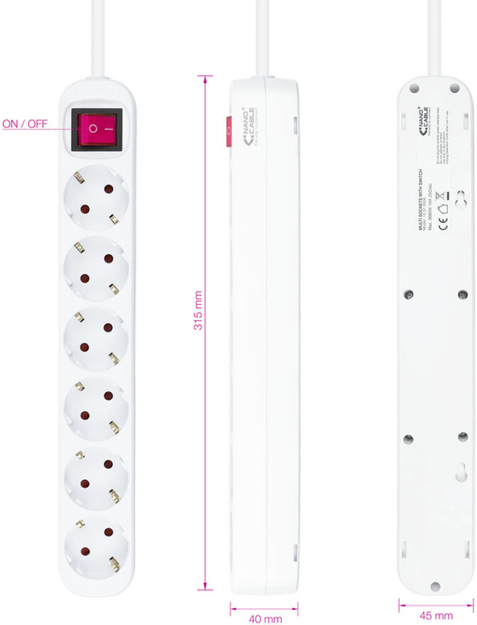 R&eacute;gua Nanocable 6 Tomadas com switch 1.4 M Branco image number 2