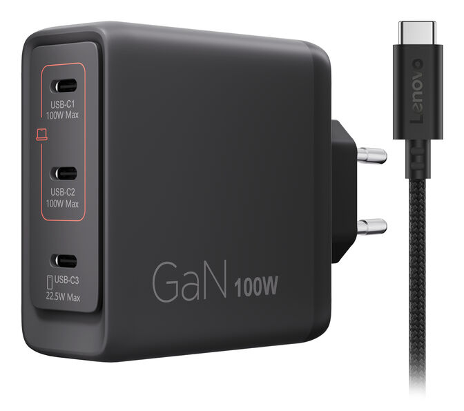 Carregador Lenovo de Parede Multi Portas USB-C 100W Dual GaN + Cabo USB-C 1.8m image number 1