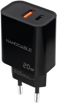Carregador Nanocable USB-C/PD + USB-A/QC 20W Preto