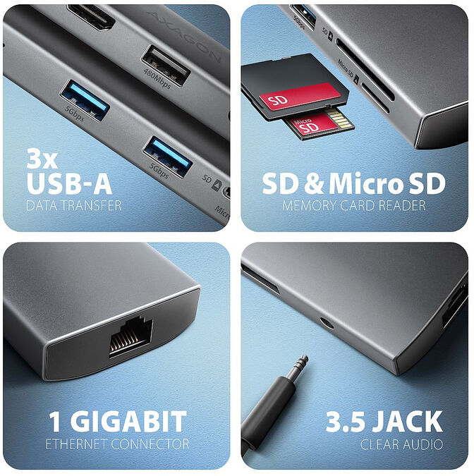 HUB USB-C AXAGON HMC-8HLSA USB-C 3.2 Gen 1 hub, 3x USB-A + 4K/30Hz HDMI + SD/microSD, GLAN, Audio, PD 100W image number 1