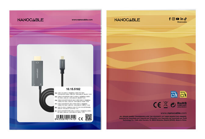 Cabo Conversor Nanocable USB-C > HDMI 2.1 8K@60HZ USB-C PD 100W 1.8 M Preto image number 2