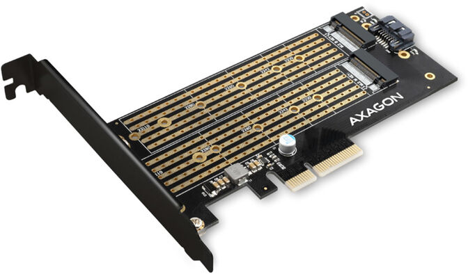 Adaptador PCIe-3.0 AXAGON PCEM2-D, 1x M.2-NVMe, 1x M.2-SATA com cooler passivo image number 1