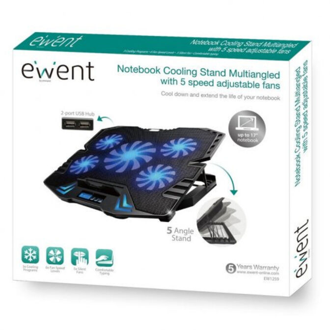 Cooler de Port&aacute;til Ewent com 5 Ventoinhas Silenciosas at&eacute; 17" + 2 USB image number 3