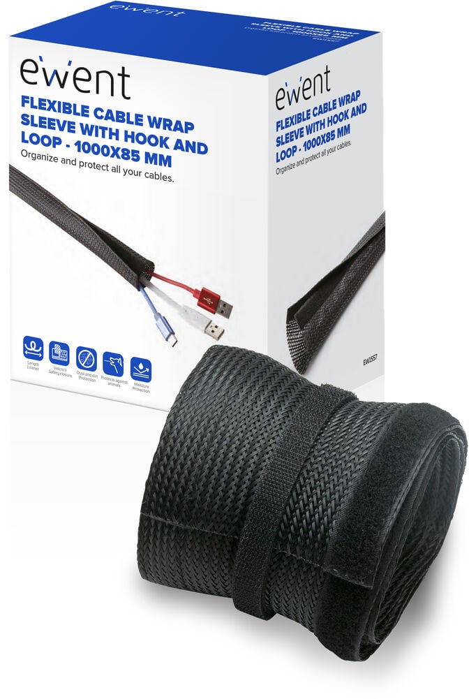 Manga Flex&iacute;vel Ewent EW1557 p/ Organizar Cabos com Fecho 1000x85mm Preta image number 0