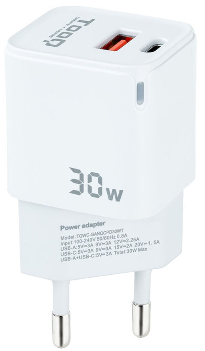 Carregador GaN Tooq USB-C/PD 30W + USB-A/QC 30W image number 0