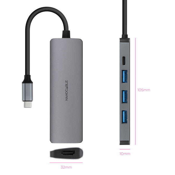 Hub Nanocable USB-C 3xUSB-A+USB-C CARGA+HDMI, Cinzento 18 CM image number 1