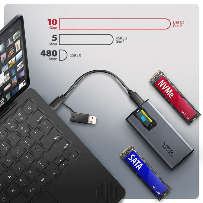 Caixa Externa AXAGON EEM2-SD2 para M.2/SSD C/ Display USB-C 3.2 Gen2 - Silver image number 7