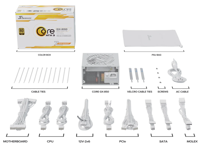 Fonte Modular Seasonic Core GX-850W V2 80+ Gold ATX 3.1 Branca image number 7