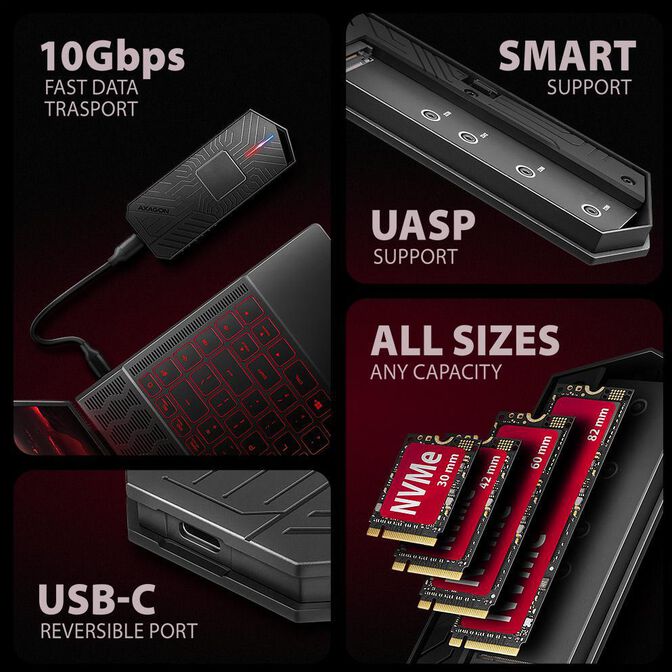 Caixa SSD AXAGON EEM2-GAM USB-C 3.2 Gen 2 10Gbps - M.2 NVMe/SATA SSD GAME 30-80mm ALU box image number 10
