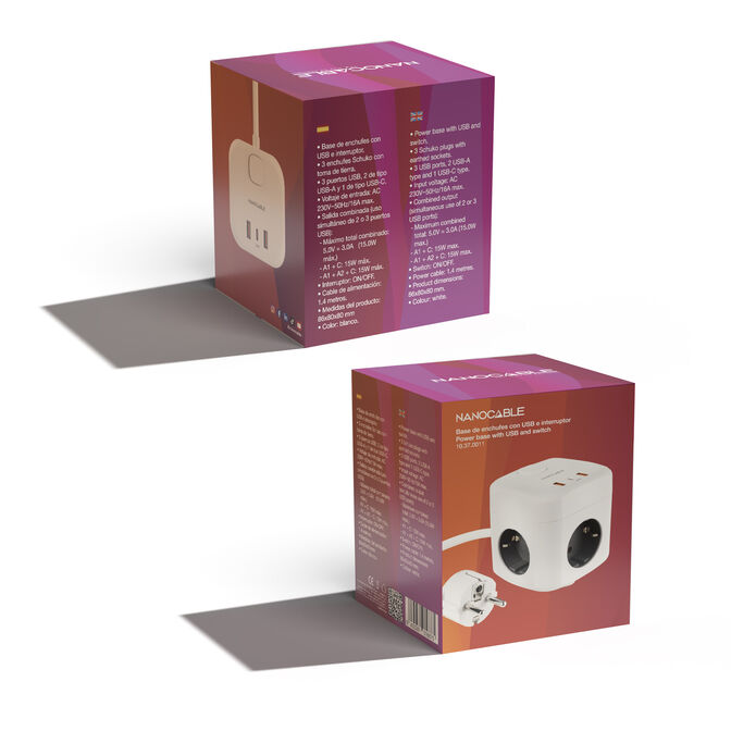Cubo Nanocable com 3 Tomadas 3 USB com interruptor Branco image number 10