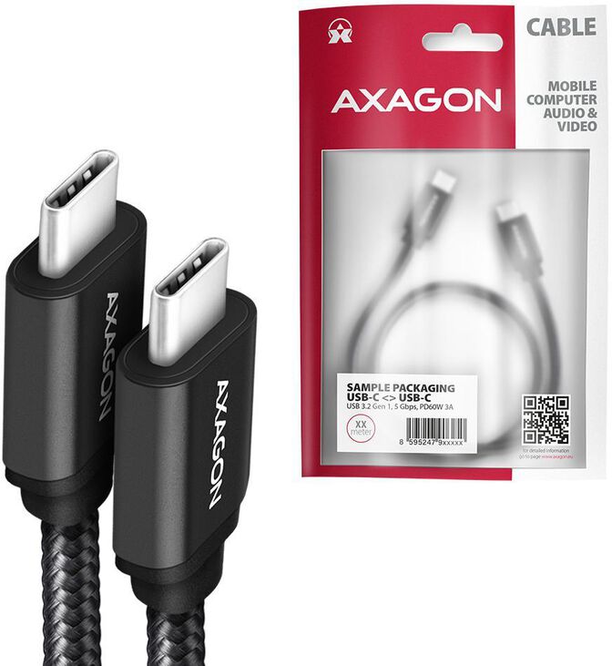 Cabo de carregamento AXAGON BUCM-CM10AB USB-C  <-> USB-C 2.0, 1m, PD 60W, 3A, ALU, braid, Preto image number 5