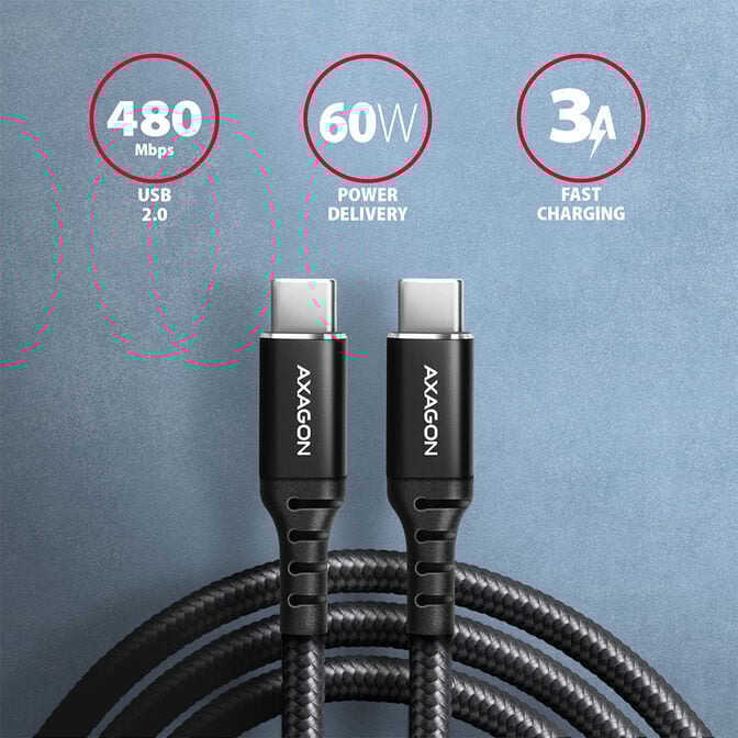 Cabo de carregamento AXAGON BUCM-CM30AB USB-C  <-> USB-C 2.0, 3m, PD 60W, 3A, ALU, braid, Preto image number 1