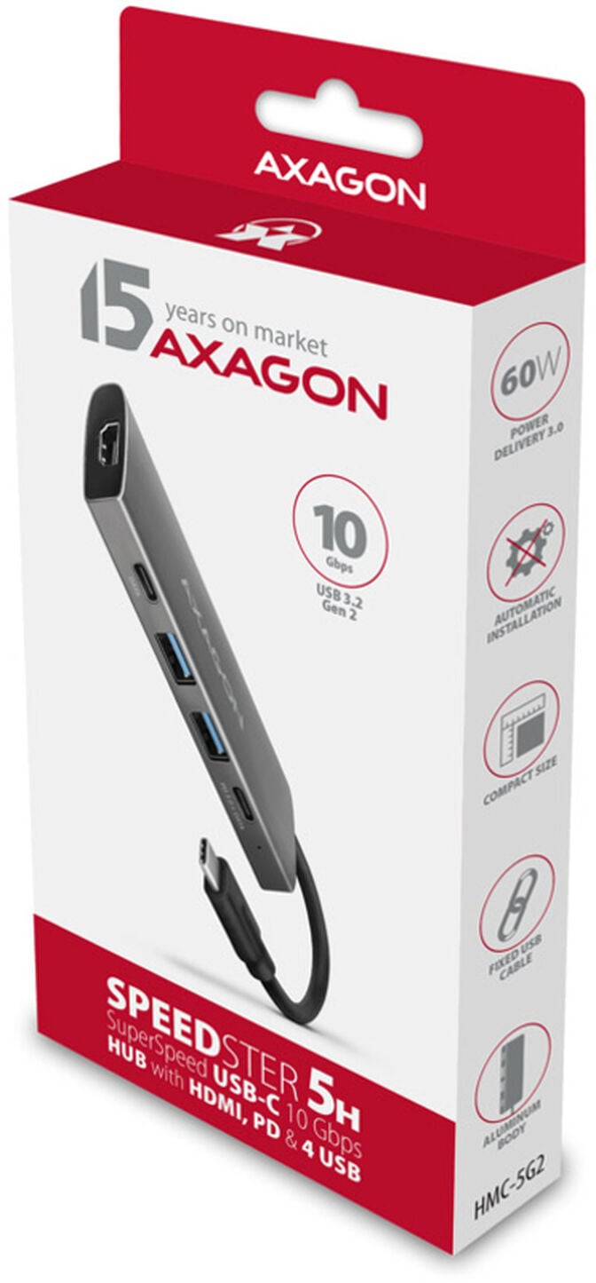 HUB USB-C AXAGON HMC-5G2 2x USB-A + 2x USB-C + HDMI, USB-C 3.2 Gen 2 10Gbps, PD 60W image number 3