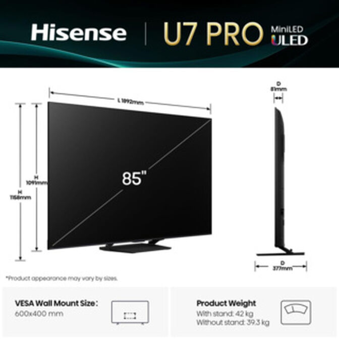 Televis&atilde;o Hisense 85U7Q PRO 85" QD Mini LED UltraHD 4K VIDAA image number 10