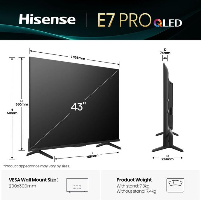 Televis&atilde;o Hisense 43E7Q PRO 43" QLED UltraHD 4K VIDAA image number 1