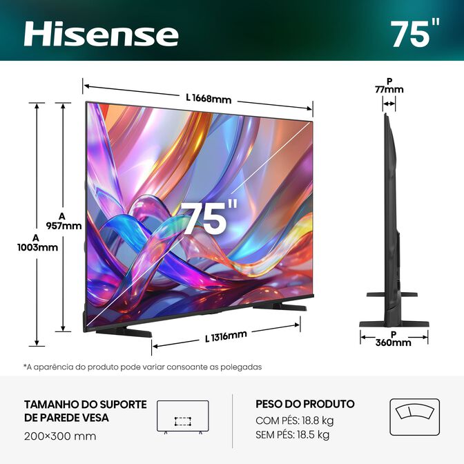 Televis&atilde;o Hisense 75E7S 75" QLED UltraHD 4K VIDAA image number 1