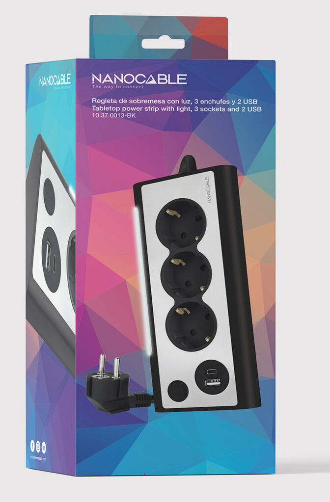 R&eacute;gua Nanocable 3 Tomadas / 2x USB ( USB-C / USB-A ) Preto image number 3