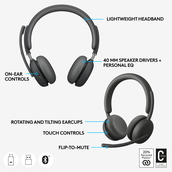 Headset Logitech Zone Wireless 2 UC Bluetooth ANC Grafite image number 10