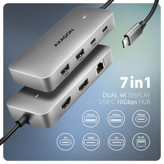HUB AXAGON HMC-CUB83X2 1x HDMI + 1x DP + 2x USB-A + 1x USB-C + PD 100W, USB-C cable 15 cm image number 1