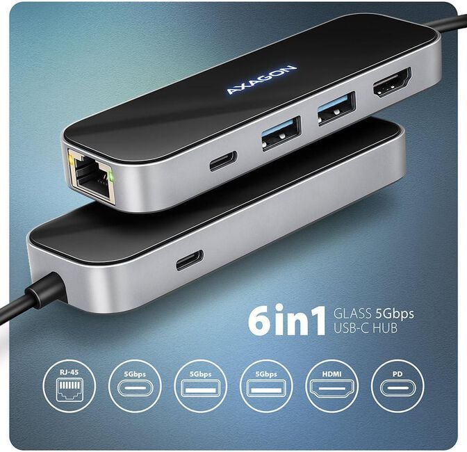Multiport-Hub AXAGON HMC-6GLN 2x USB-A 5Gbps, 1x USB-C 5Gbps, 4K/60Hz HDMI, RJ-45, USB 3.2 Gen 1 hub, PD 100W, 20cm USB-C cable image number 3