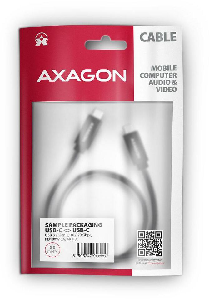 Cabo de carregamento AXAGON BUCM32-CM05AB USB-C  <-> USB-C 3.2 Gen 2, 0.5m, PD 100W, 5A, 4K HD, ALU, braid, Preto image number 8