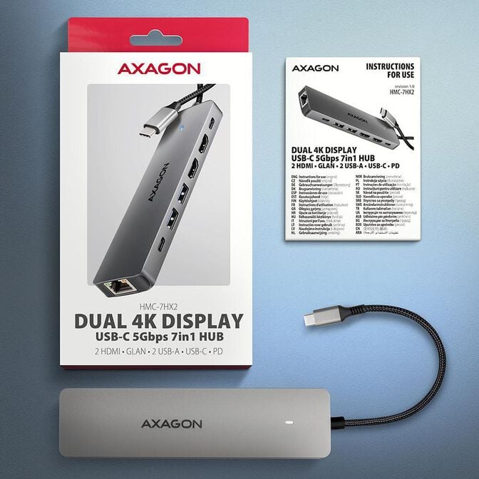 Multiport-Hub AXAGON HMC-7HX2 USB-C 3.2 Gen 1 hub, 2x USB-A + 1x USB-C, 2x HDMI 4K 60Hz, GLAN, PD 100W, 15cm USB-C cable image number 14
