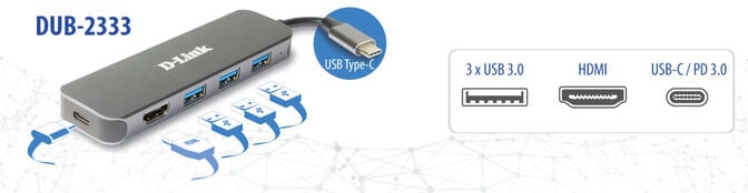 HUB USB D-Link USB-C Macho > 3 x USB 3.0 (SS) + 1 x HDMI (4K Ready) + 1 x USB-C (Thunderbolt 3) image number 2