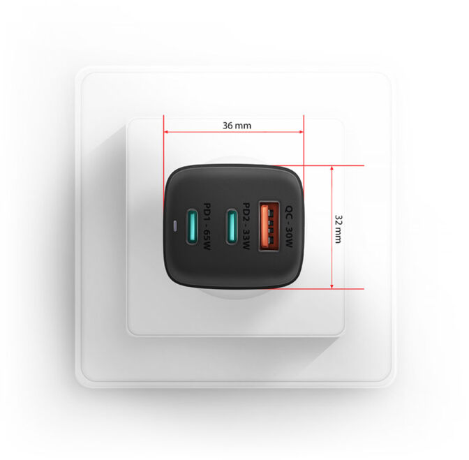 Carregador de parede AXAGON ACU-DPQ65, 3 portas (USB + USB-C duplo), PD3.0/QC4+/PPS/Apple, 65 W, Preto image number 2