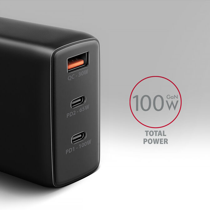 Carregador de parede AXAGON ACU-DPQ100, 3 portas (USB + USB-C duplo), PD3.0/QC4+/PPS/Apple, 100 W, Preto image number 1