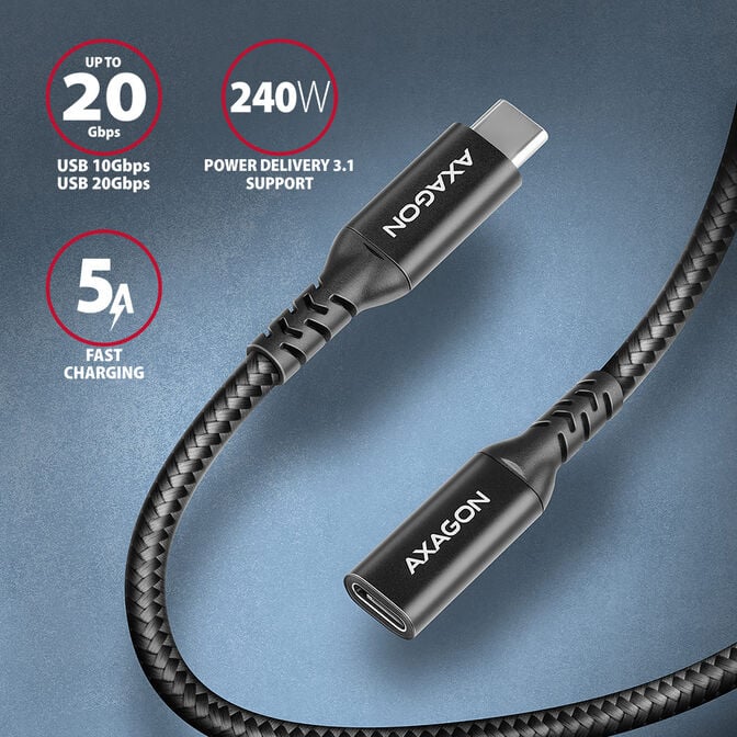 Extens&atilde;o AXAGON BUCM32-CF15AB USB-C <-> USB-C 3.2 Gen 2, 1.5m, 20 Gbps, ALU, braid image number 1
