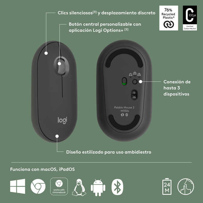 Rato Logitech Pebble 2 M350s 4000DPI Wireless/Bluetooth Grafite image number 15
